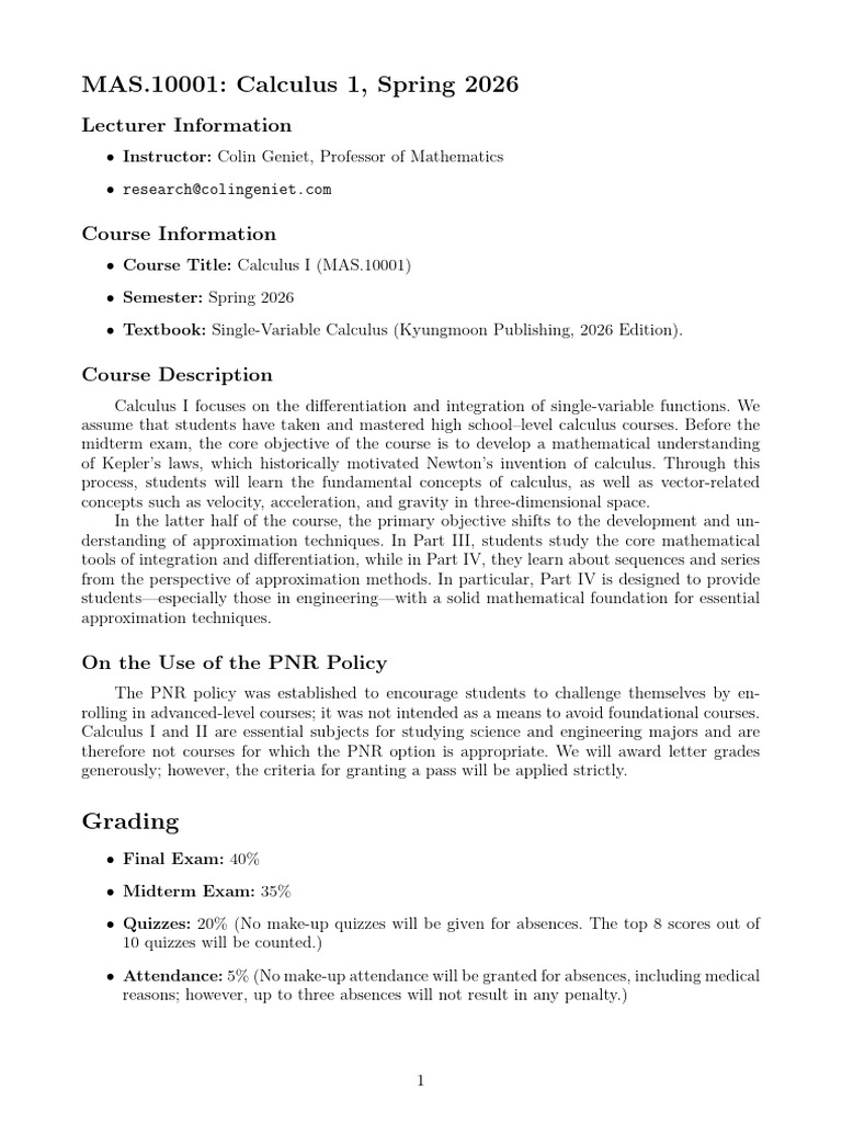 Calculus I Course Overview Spring 2026 | PDF | Calculus | Mathematics