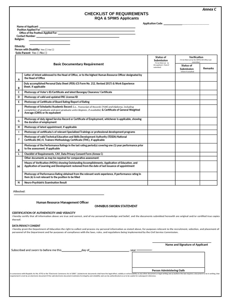 RQA & SPIMS Application Requirements Checklist | PDF