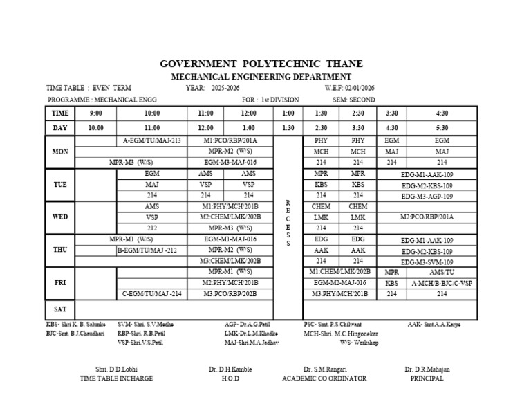 Mechanical Engineering Timetable 2025 | PDF