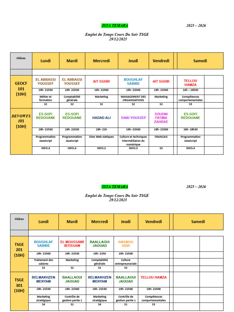 Emploi du Temps Cours Soir TSGE 2025-2026 | PDF