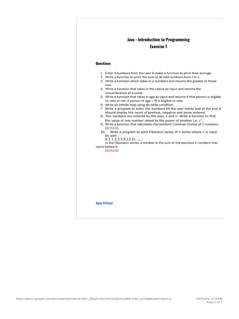 Java Exercise 1 | PDF