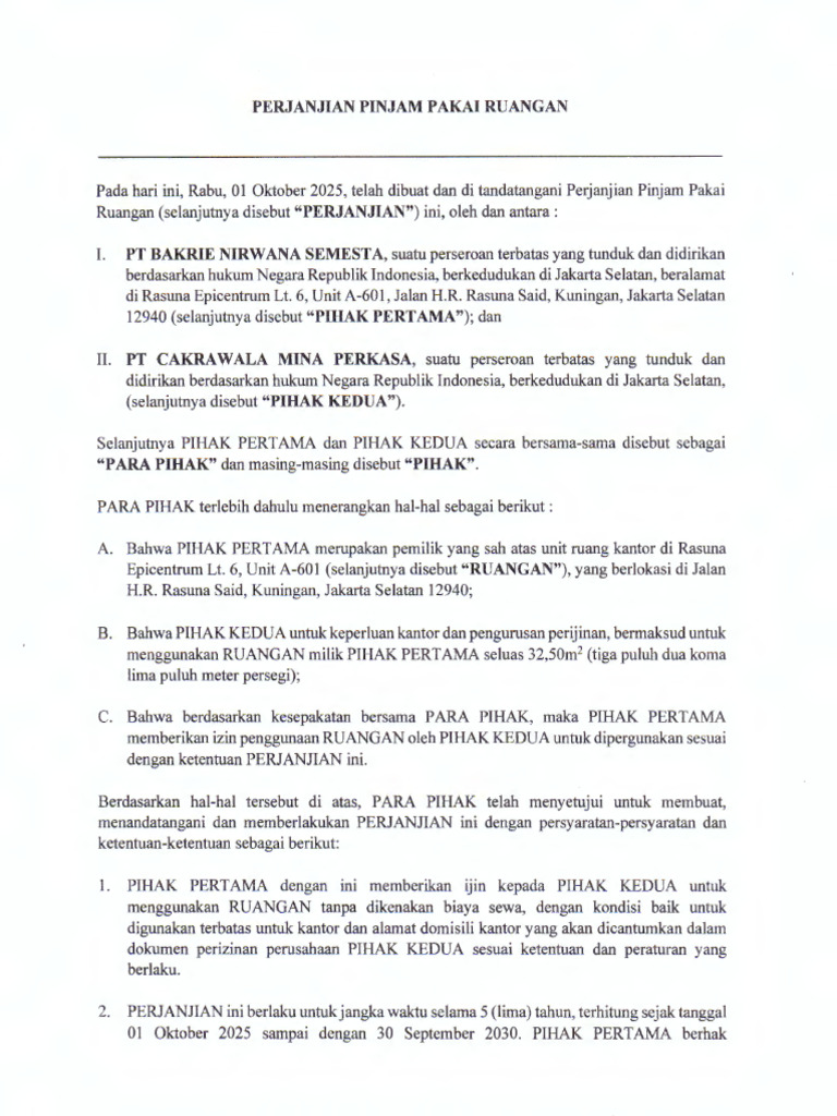 Perjanjian Pinjam Pakai Ruangan Jakarta | PDF