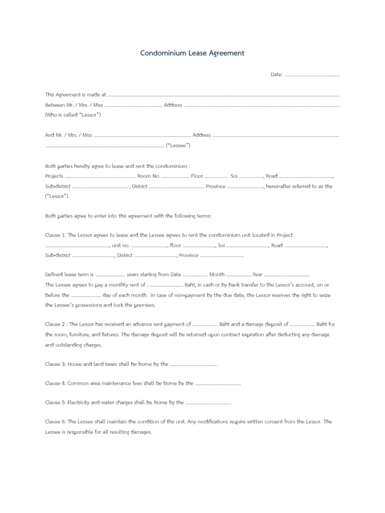 Condominium Lease Agreement Template | PDF | Lease | Civil Law (Legal ...