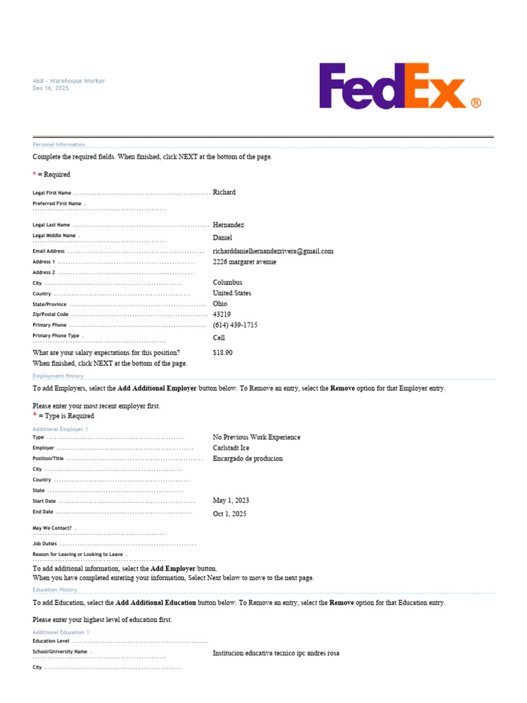 Warehouse Worker Application Form | PDF