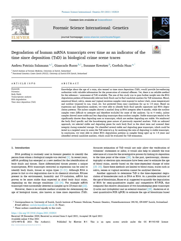 Degradation of Human MRNA Transcripts Over Time as an 2021 Forensic ...