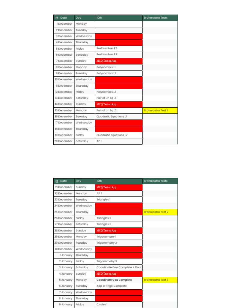 10th Abhay 2026 Maths Schedule - Sheet1 | PDF | Mathematics | Algebra