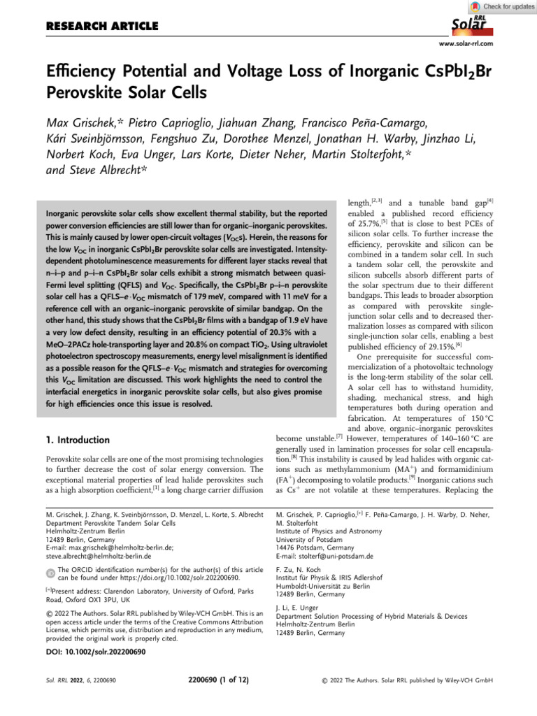 Solar RRL - 2022 - Grischek - Efficiency Potential and Voltage Loss of ...