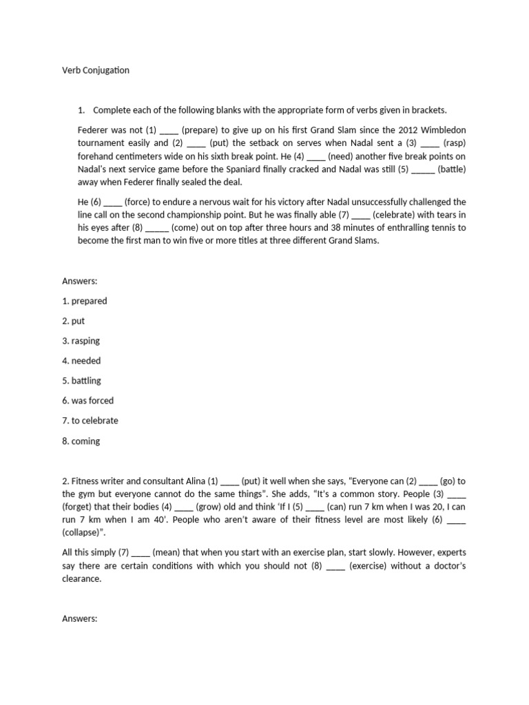 Verb Conjugation Exercises and Answers | PDF | Roger Federer