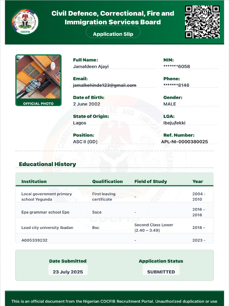 Jamaldeen Kehinde Ajayi Application Slip | PDF