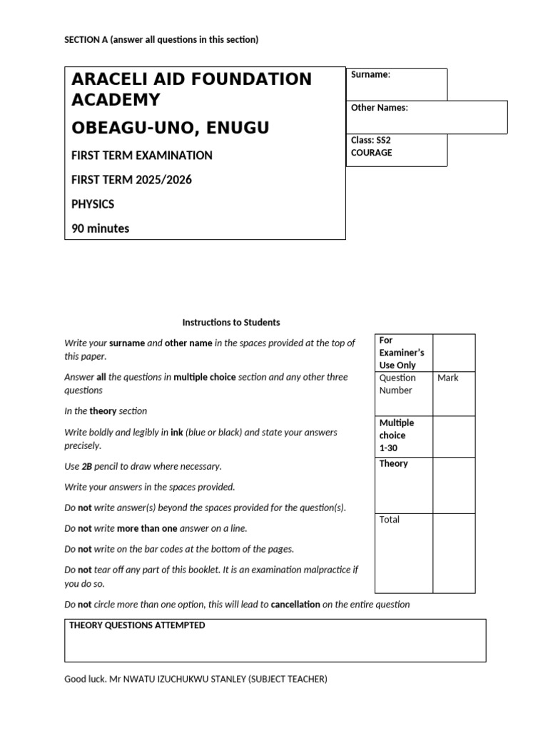 SS2 Physics First Term Exam 2025/2026 | PDF | Force | Velocity
