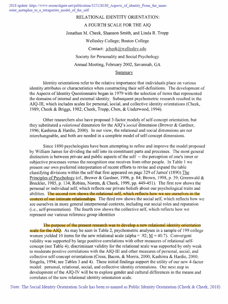 New Relational Identity Scale for AIQ | PDF | Self Concept | Identity ...