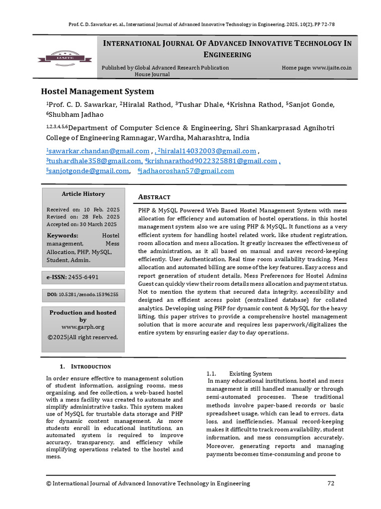 Web-Based Hostel Management System | PDF | Databases | Php