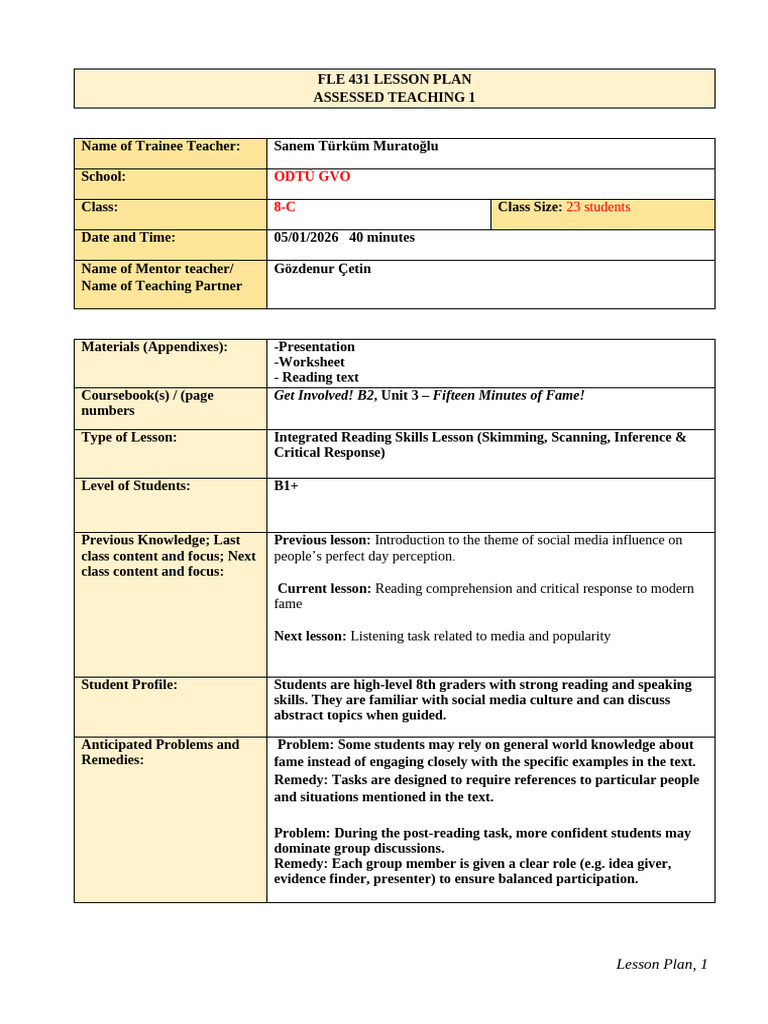 Integrated Reading Skills Lesson Plan | PDF | Lesson Plan | Information