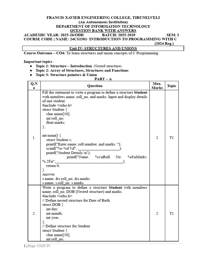 C Programming Structures and Unions Guide | PDF | Pointer (Computer ...