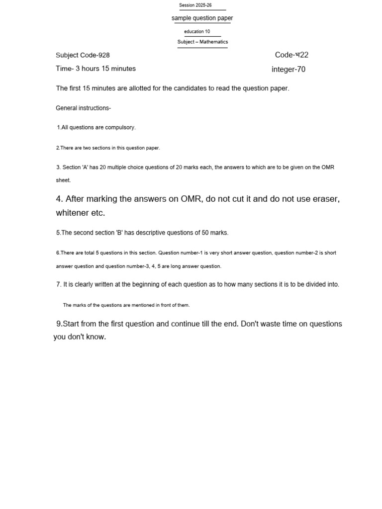 Mathematics Sample Question Paper 2025-26 | PDF