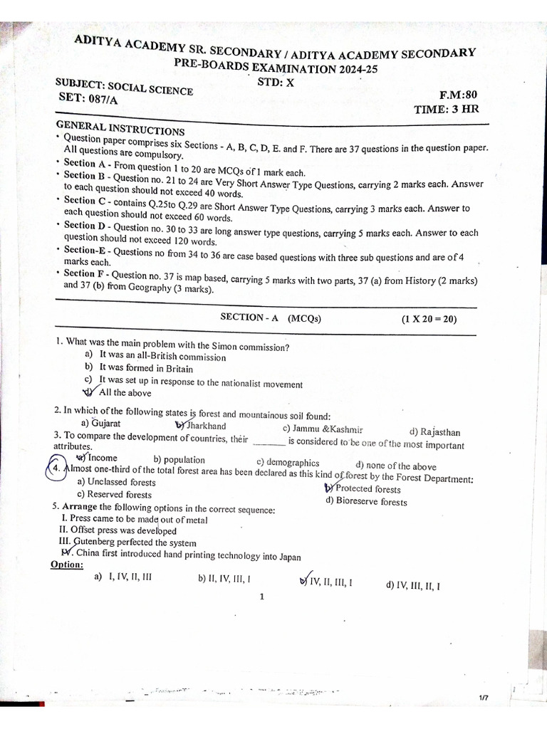 Social Science Set - 087 - A Class - X Pre Boards 2024 - 25 | PDF