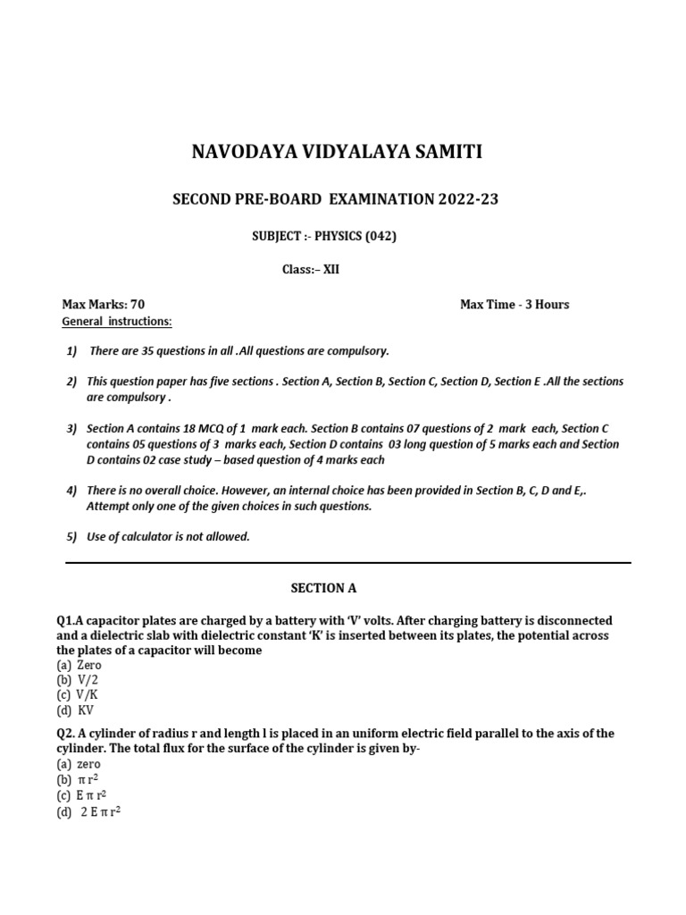 Class 12 Physics Pre-Board Exam 2022-23 | PDF | P–N Junction | Optical ...