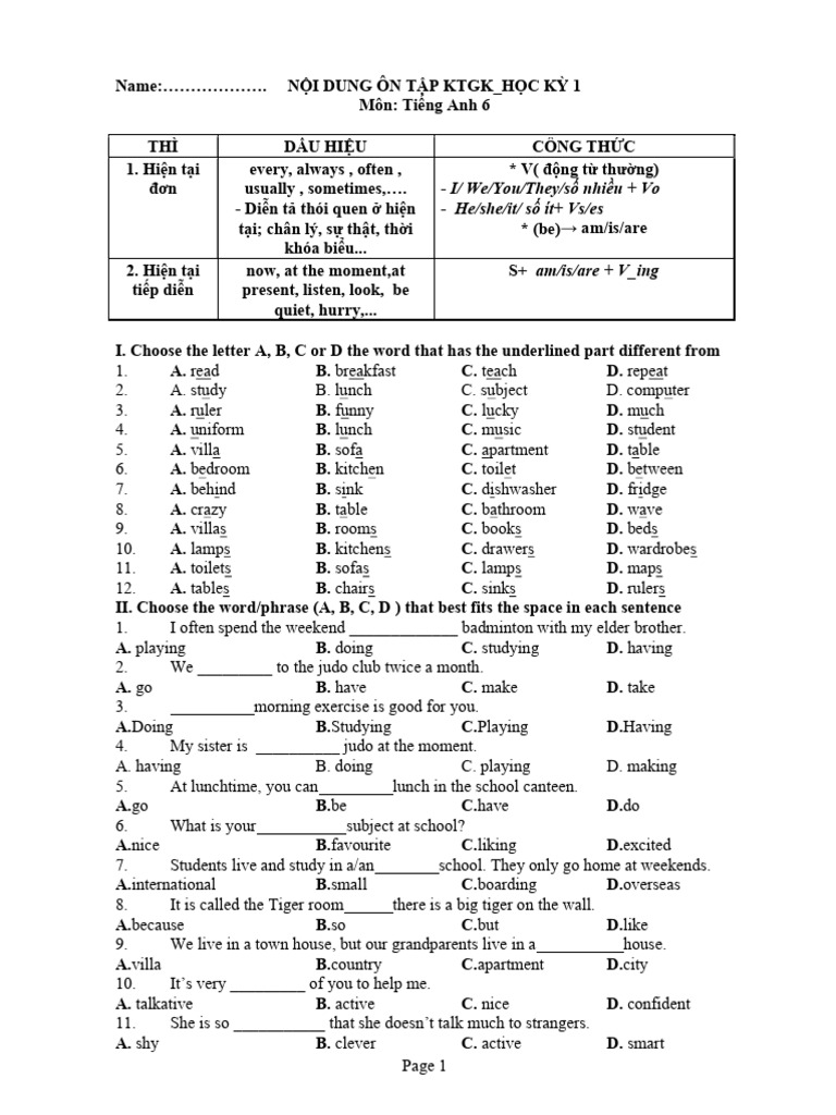 ÔN TẬP KT GK1 TA6 | PDF