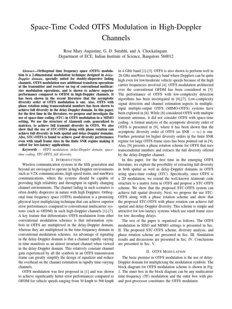 STC-OTFS Modulation for High-Doppler Channels | PDF | Orthogonal ...