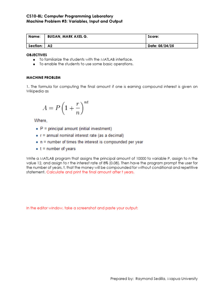 MATLAB Compound Interest Program Guide | PDF