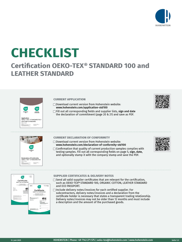 OEKO-TEX® Certification Checklist 2025 | PDF | Production And Manufacturing