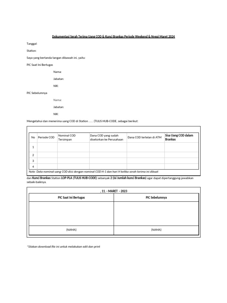 (Template) Serah Terima Uang COD & Kunci Brankas Weekend & Nyepi 2024 ...
