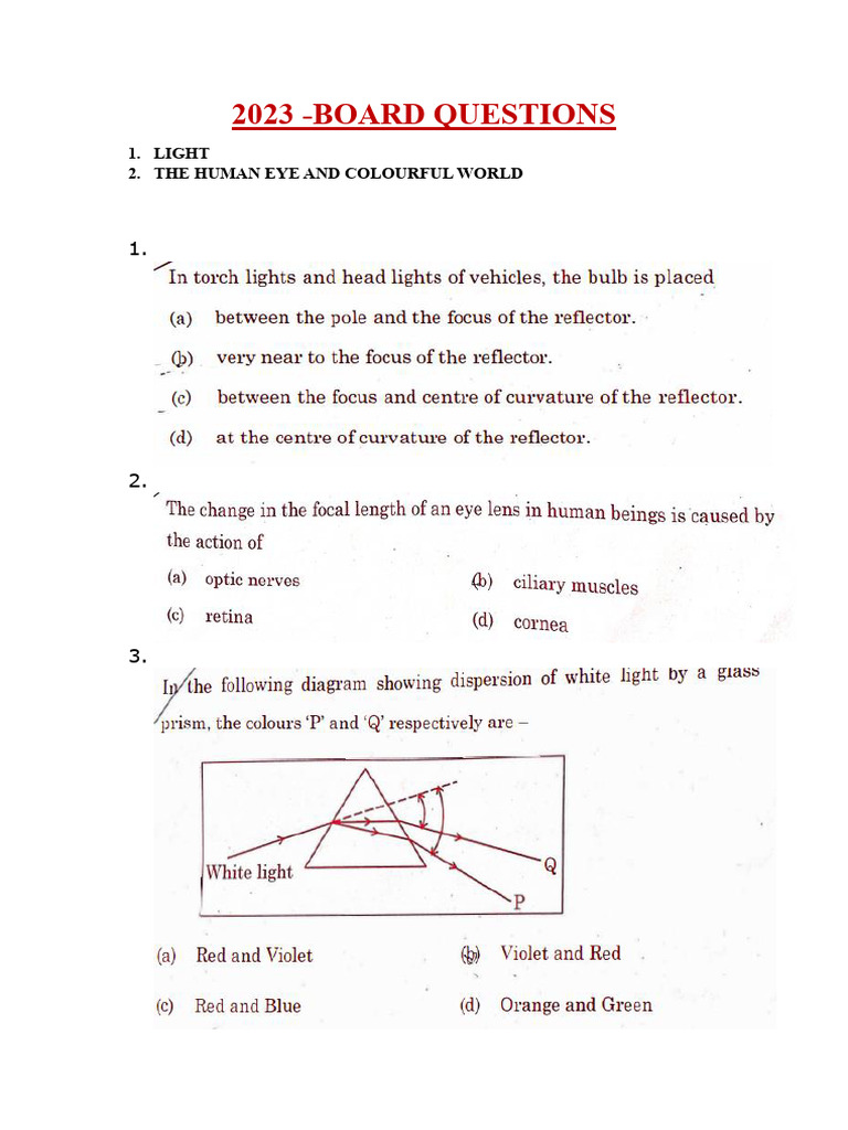 2023 Board Questions on Light & Vision | PDF