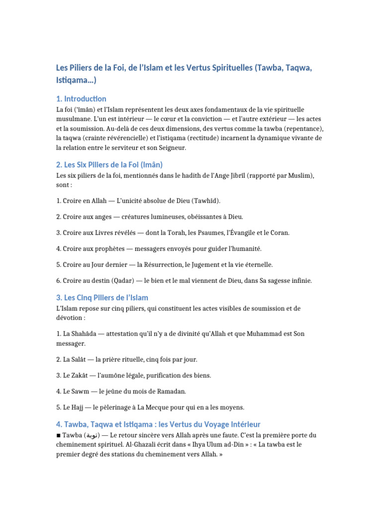 Piliers de la Foi et Vertus Islamiques | PDF | Théologie | Croyances ...