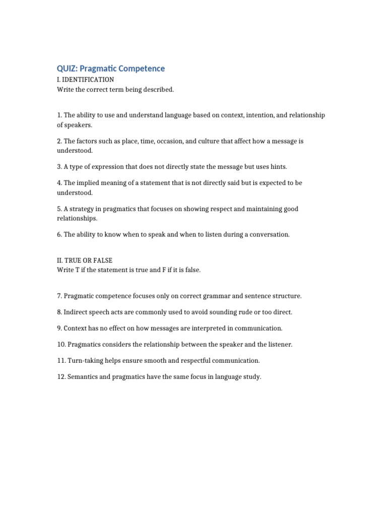 Pragmatic Competence Quiz and Answers | PDF
