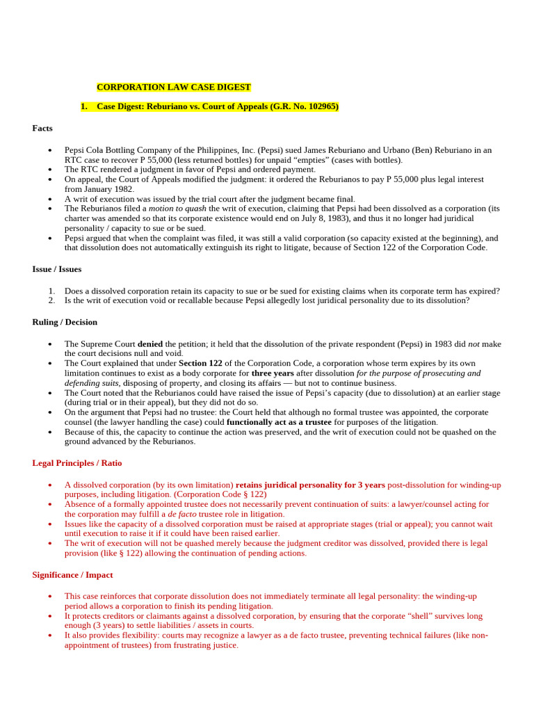 Corporation Law Case Digest Summary | PDF | Cost Of Living | Lawsuit