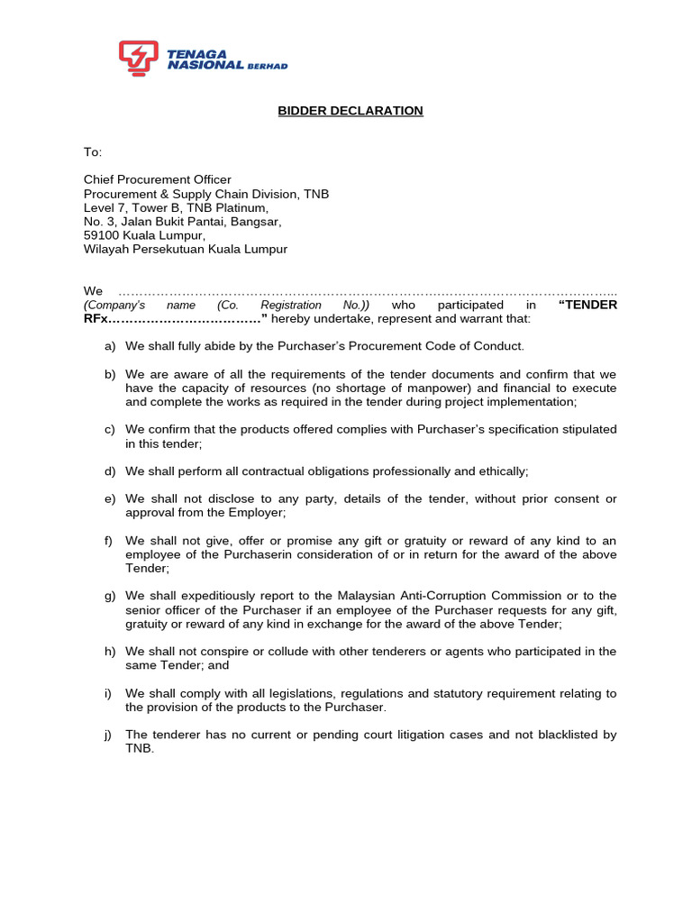 Bidder Declaration for Tender Compliance | PDF | Business | Private Law