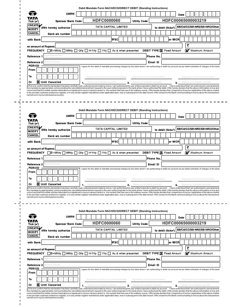 NACH Direct Debit Mandate Form | PDF | Debit Card | Banks