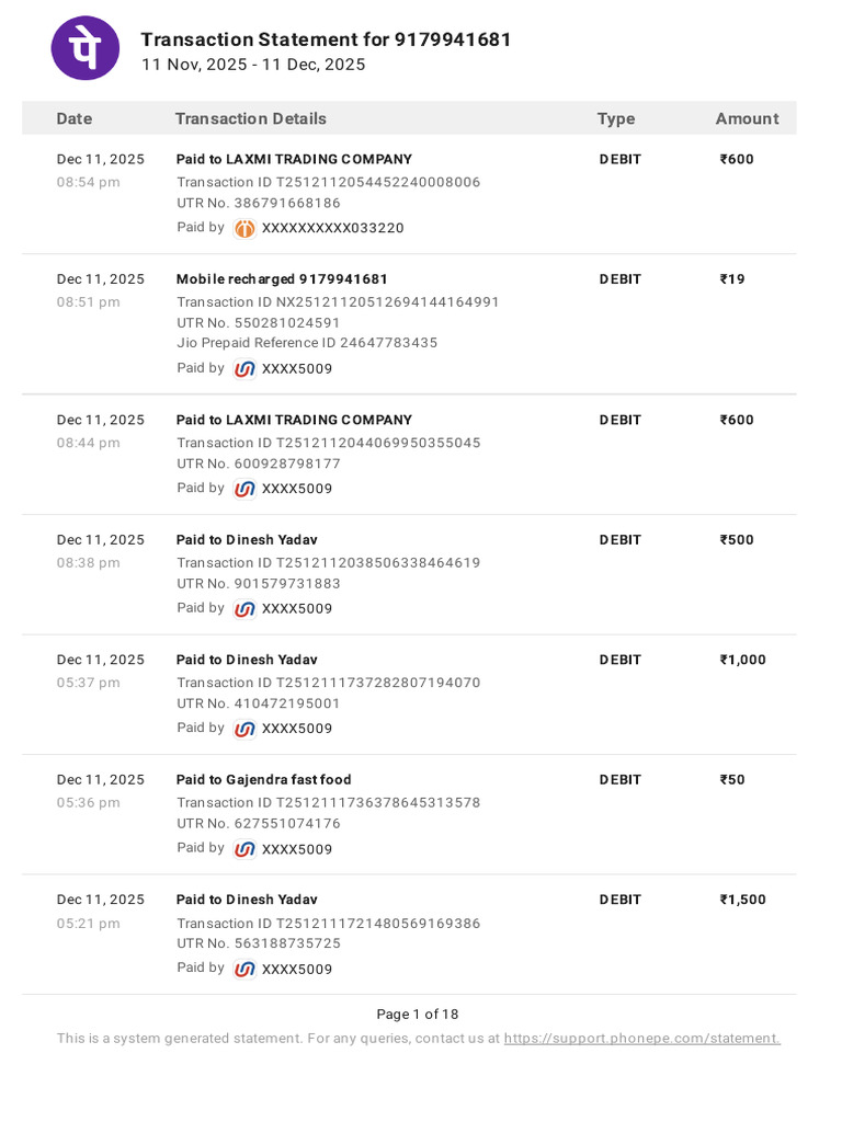 Transaction Statement for 9179941681 | PDF | Credit Card | Debit Card