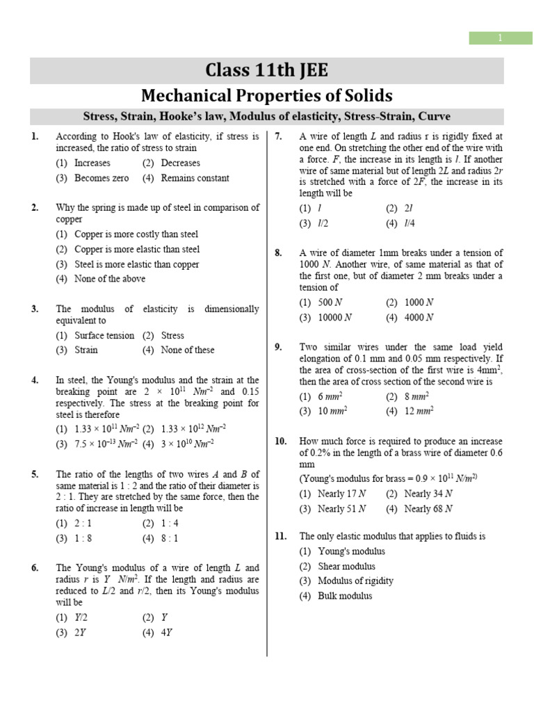 Mechanical Properties of Solids - JEE - Question | PDF | Young's ...
