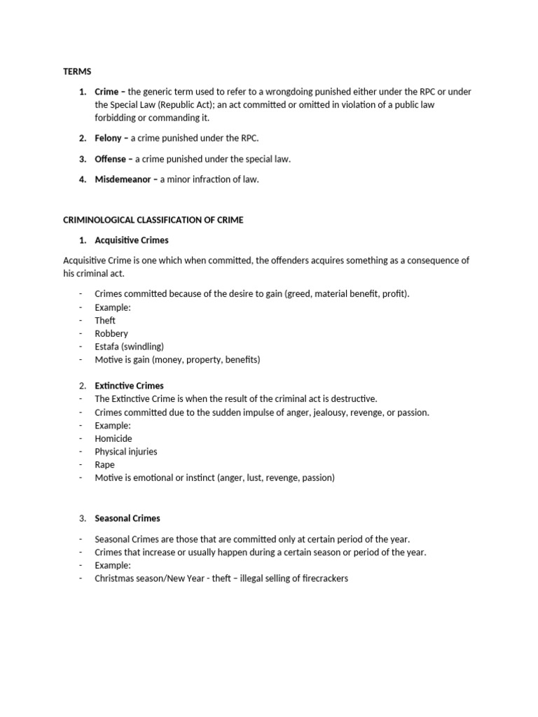 Types and Classifications of Crimes | PDF | Crimes | Crime & Violence