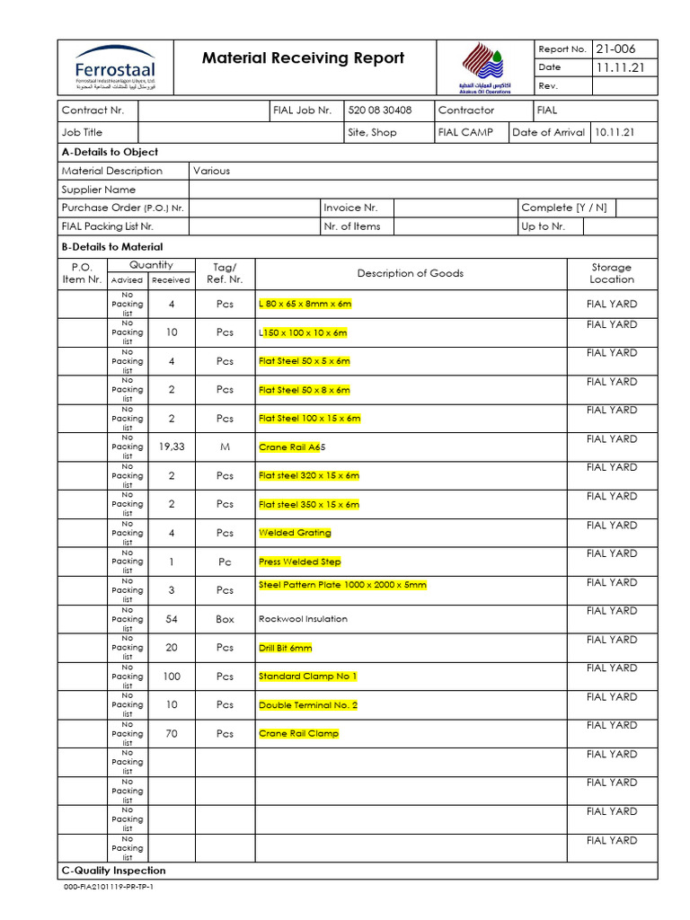 Material Receiving Report - AKAKUS-21-006 | PDF