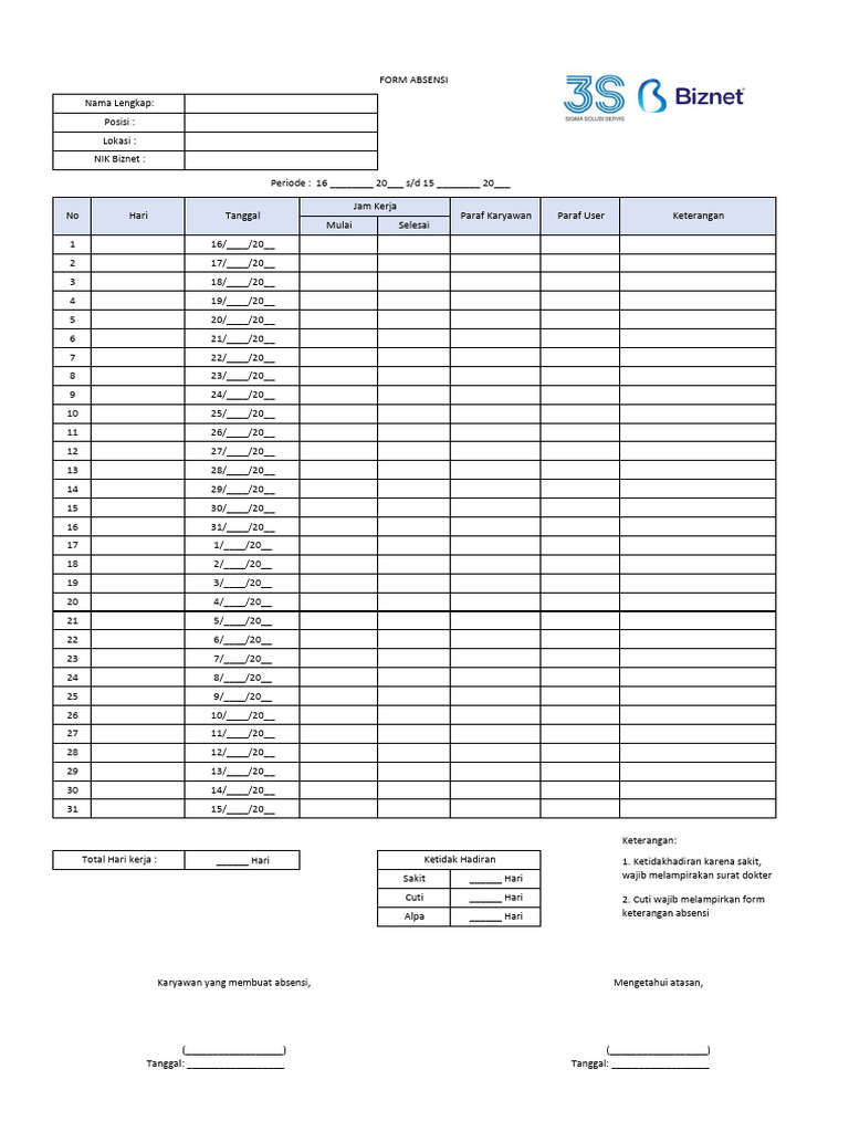 Formulir Absensi Karyawan Biznet | PDF