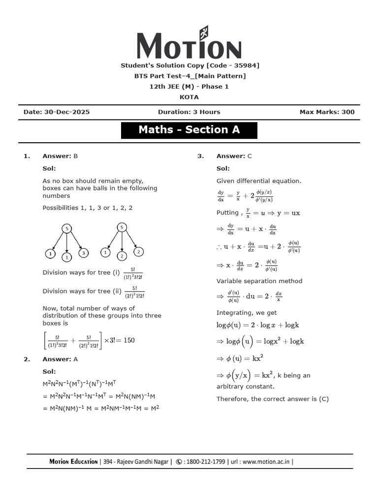 JEE 12th Maths Test Solutions - KOTA | PDF | Chess | Chess Theory