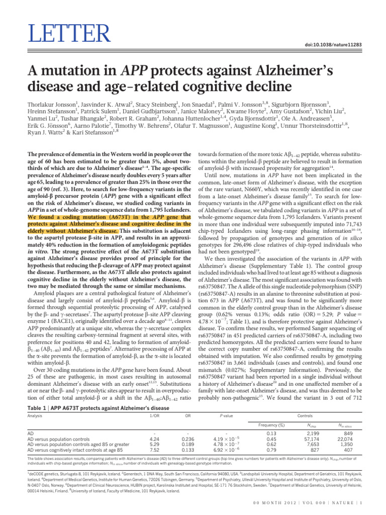 A Mutation in APP Protects Against Alzheimer's | PDF | Alzheimer's ...