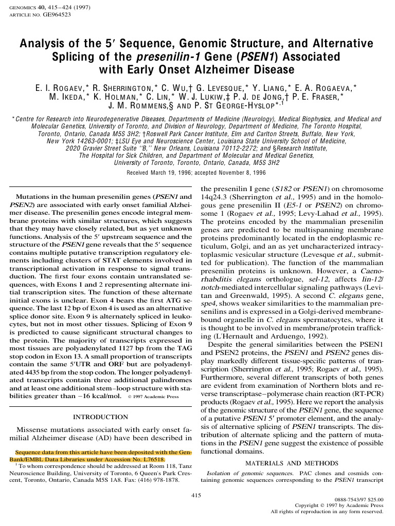 PSEN1 Gene Analysis in Alzheimer's Disease | PDF | Alternative Splicing ...