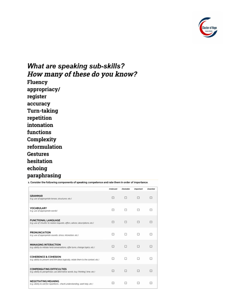 Key Speaking Sub-Skills Explained | PDF