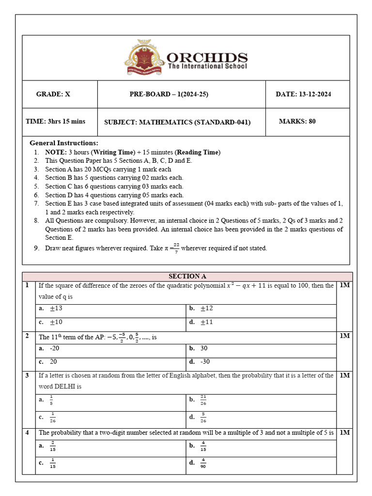 Grade X Mathematics Pre-Board Exam 2024-25 | PDF | Circle | Area