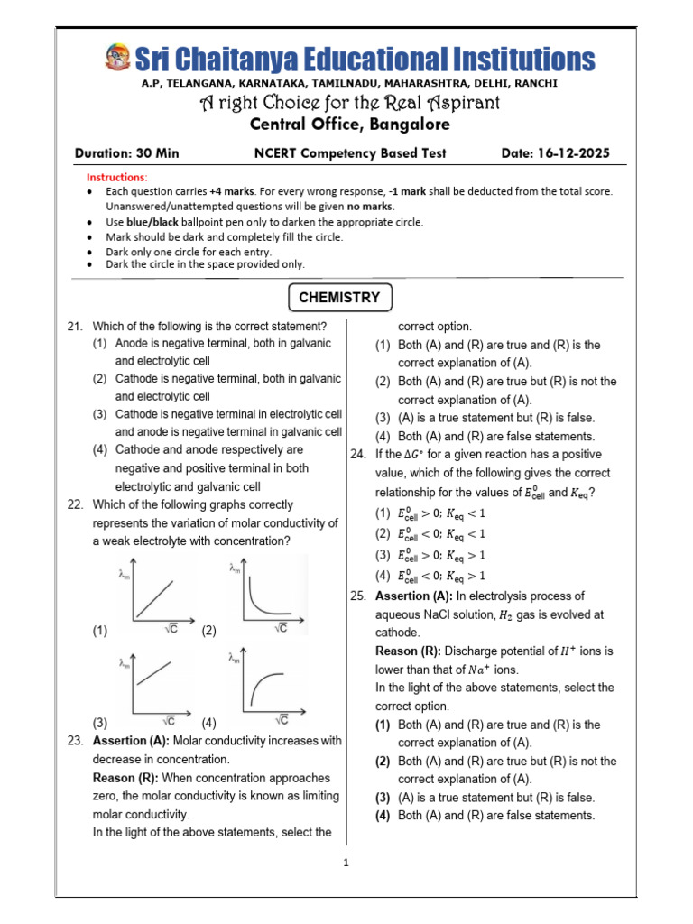 Chemistry NCERT Competency Test Guide | PDF | Redox | Electrochemistry