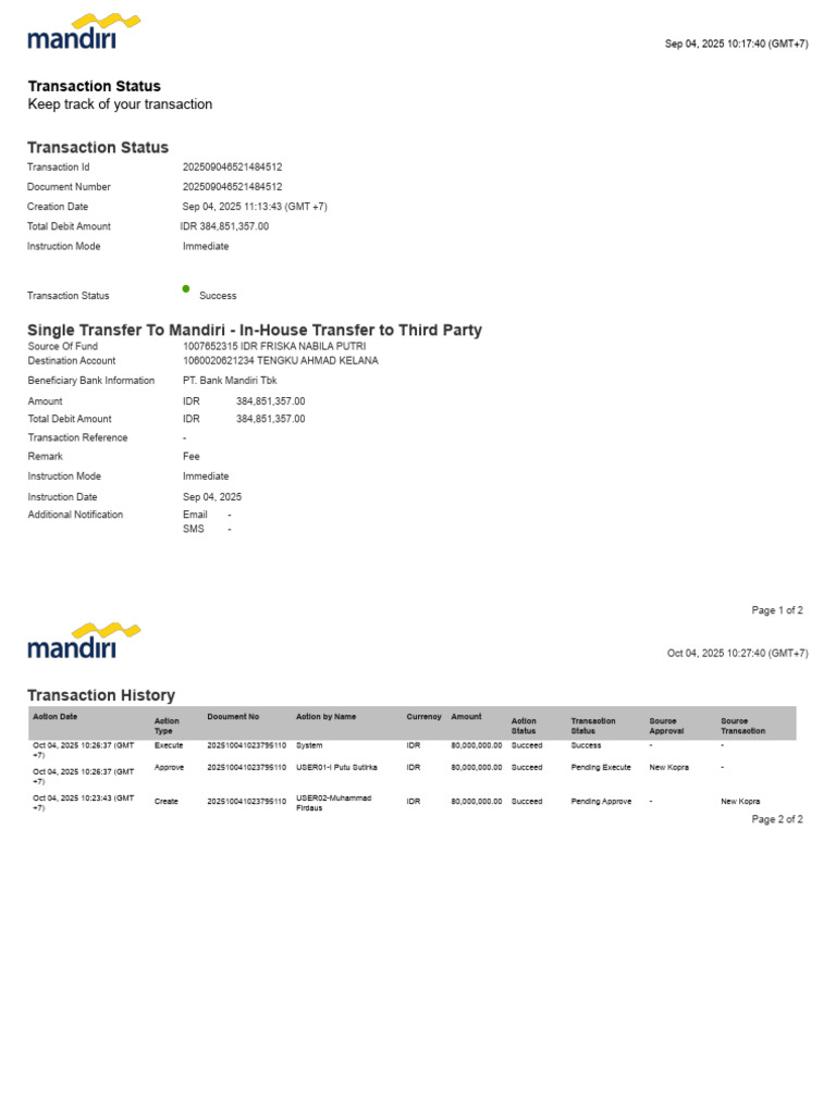 Transaction Status Single Transfer to Mandiri-3 Marcus | PDF | Banking ...