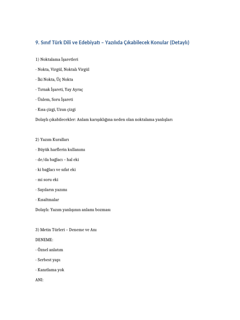 9 Sinif Edebiyat Yazili Detayli Konular1 PDF