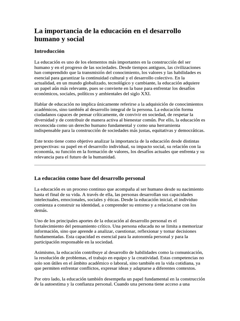 Importancia de la educación en desarrollo social | PDF | Sociedad ...