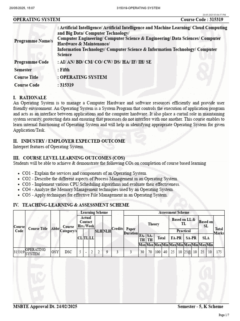 315319 Operating System | PDF | Scheduling (Computing) | Operating System