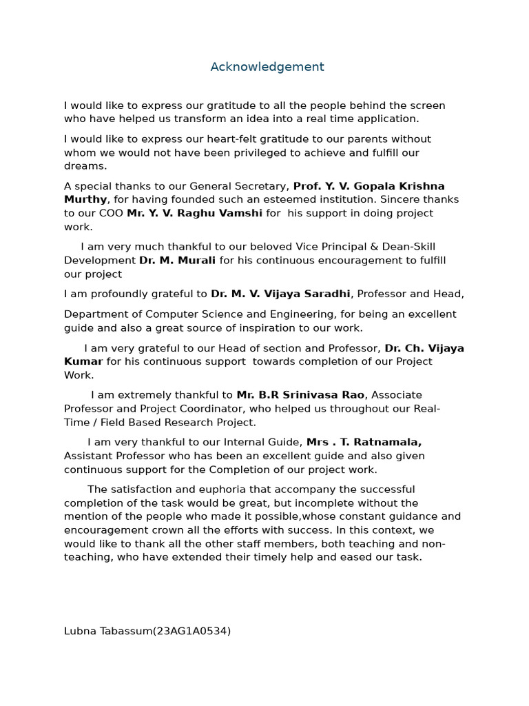 Project Acknowledgements and Gratitude | PDF