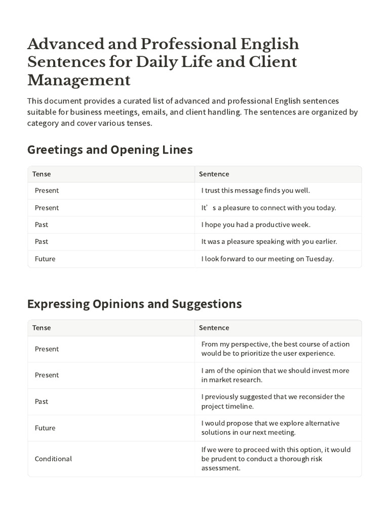 Advanced and Professional English Sentences for Daily Life and Client ...