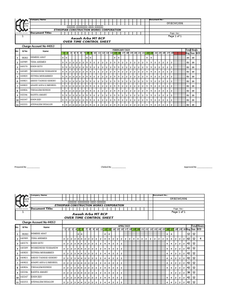 Ethiopian Construction Overtime Sheet | PDF